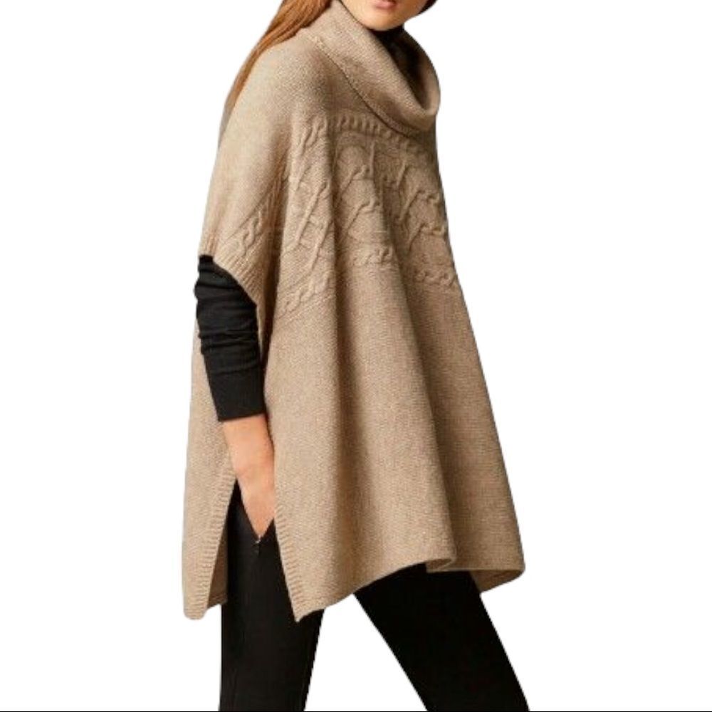 * Jessica Camel Cable Knit Cowl Neck Poncho Sweater